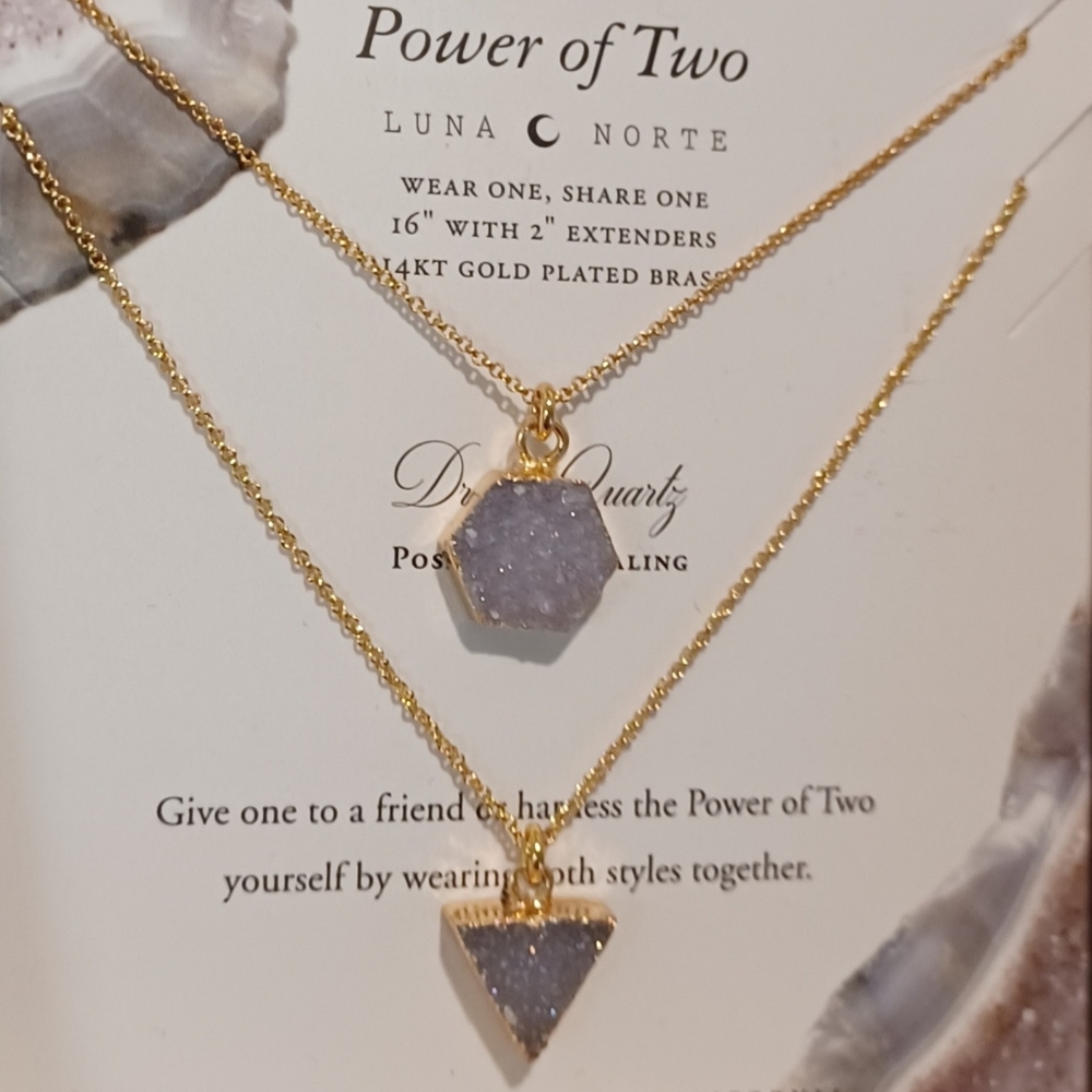 POWER OF TWO2 Luna Norte Gold plated Necklaces 1 DRUSY QUARTZ TRIANGLE SHAPE